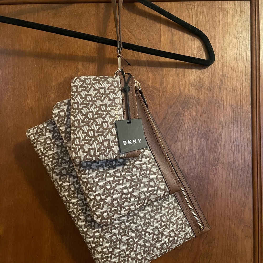 DKNY Brown and White Signature Logo 3 piece Clutch and Pouch Set